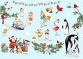 Christmas set of cute animals and birds in winter hats.